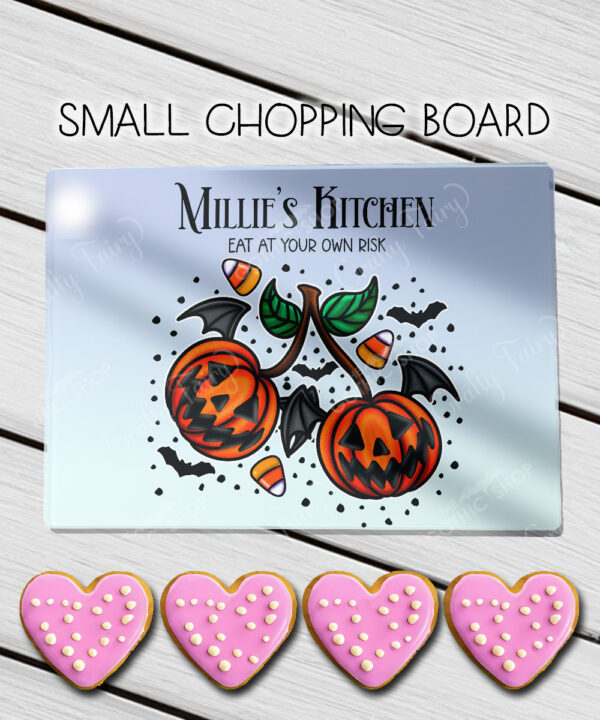 personalised halloween pumpkin cherries glass chopping board or worktop protector gift
