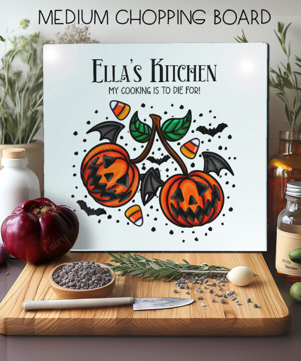 personalised halloween pumpkin cherries glass chopping board or worktop protector gift