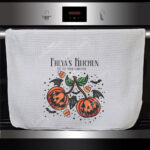 personalised halloween pumpkin cherries kitchen tea towel gift
