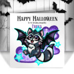 personalised raccoon bat happy halloween greetings card
