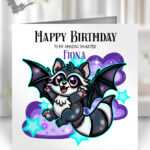 personalised raccoon bat happy birthday greetings card
