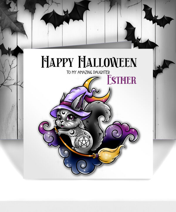 personalised cute witchy squirrel happy halloween greetings card