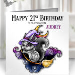 personalised cute witchy squirrel happy birthday greetings card