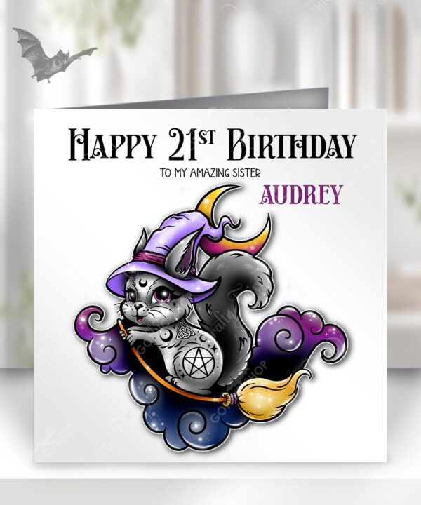 personalised cute witchy squirrel happy birthday greetings card