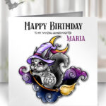 personalised cute witchy squirrel happy birthday greetings card