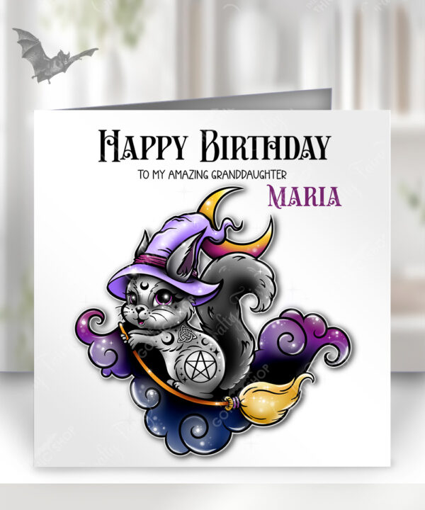 personalised cute witchy squirrel happy birthday greetings card