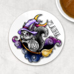 personalised cute witchy squirrel 9cm round coaster