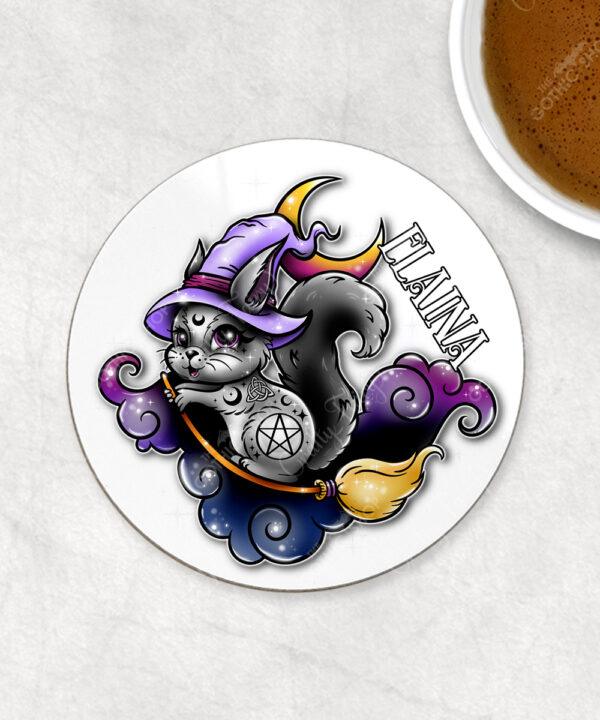 personalised cute witchy squirrel 9cm round coaster