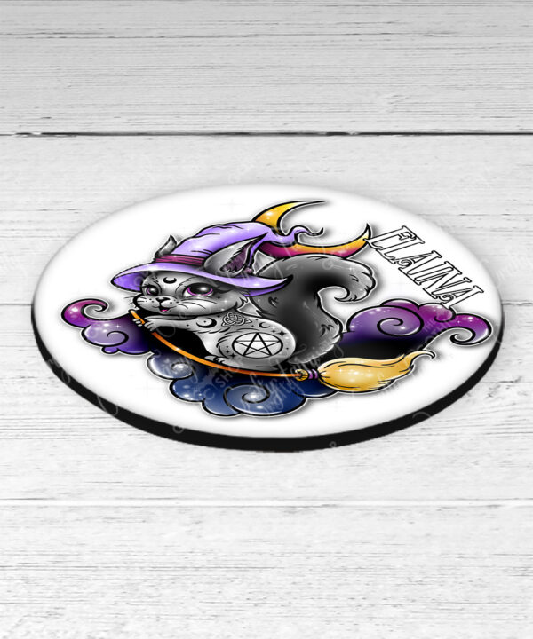 personalised cute witchy squirrel 9cm round coaster