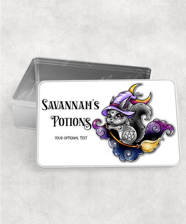personalised cute witchy squirrel rectangular tin gift
