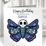personalised gothic skull moth birthday card