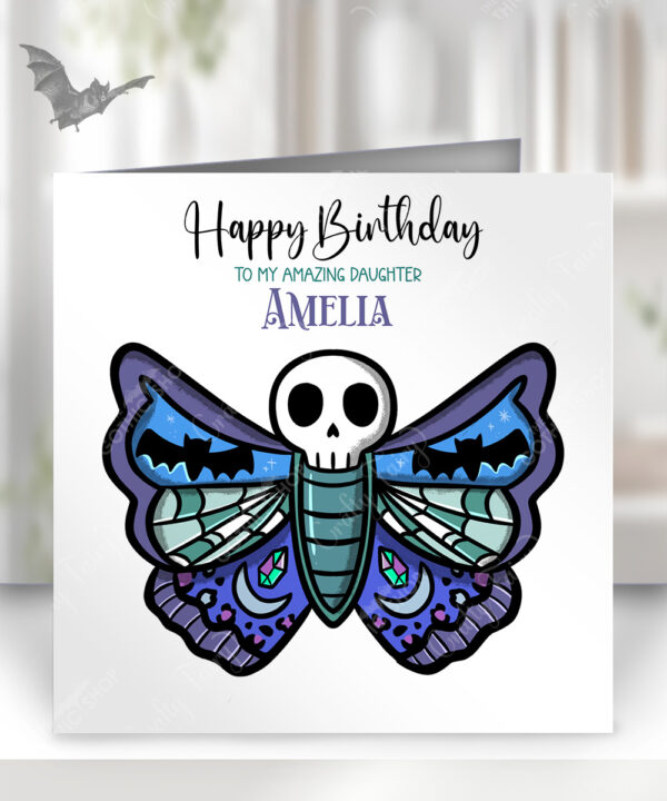 personalised gothic skull moth birthday card