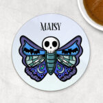 personalised gothic skull moth 9cm round glossy coaster