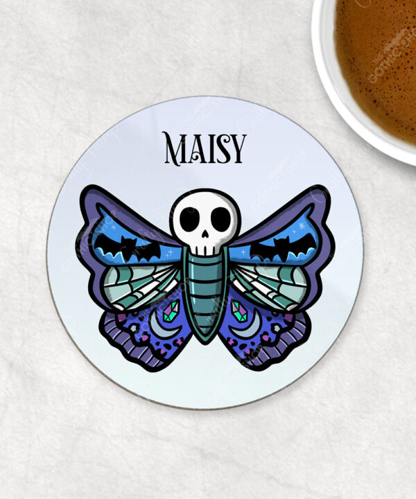 personalised gothic skull moth 9cm round glossy coaster