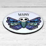 personalised gothic skull moth 9cm round glossy coaster