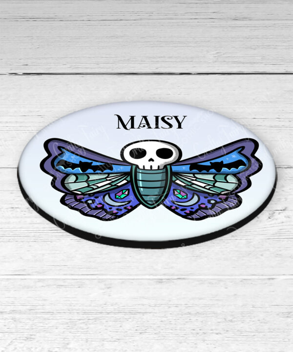 personalised gothic skull moth 9cm round glossy coaster