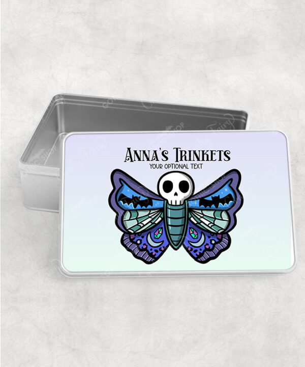 personalised gothic skull moth rectangular tin gift