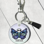 personalised gothic skull moth round gothic keyring