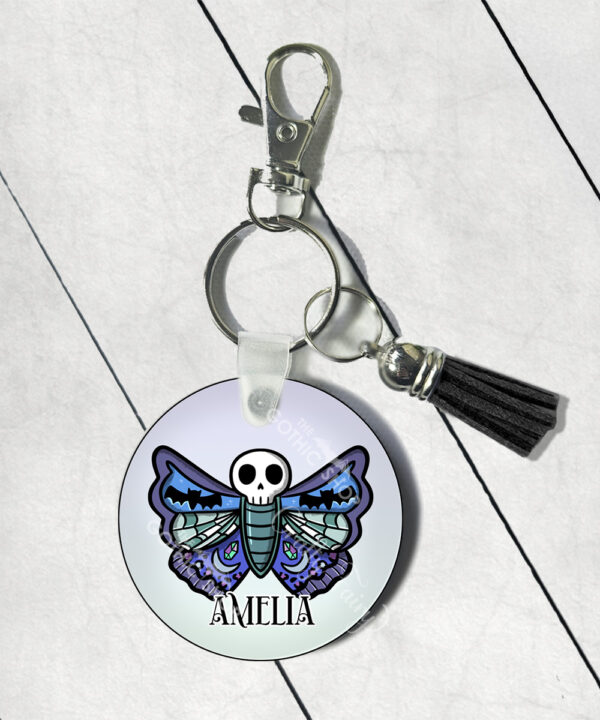 personalised gothic skull moth round gothic keyring
