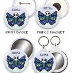 personalised gothic skull moth badge mirror or fridge magnet