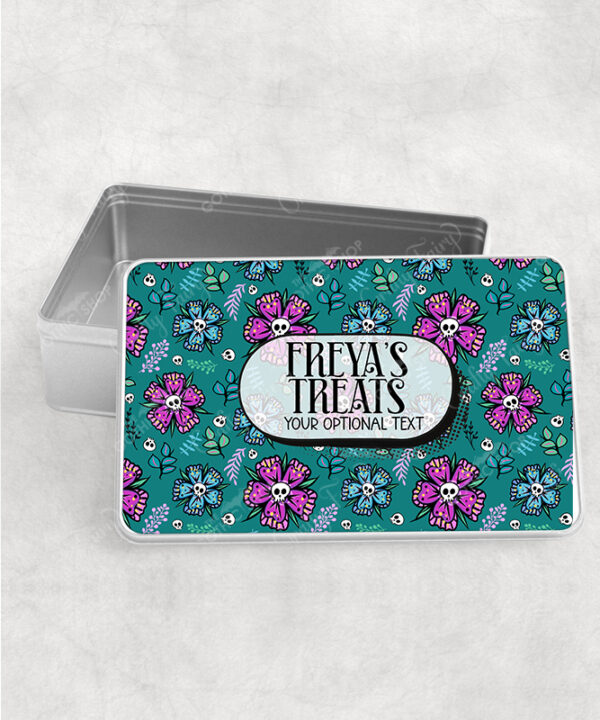 personalised summer skull flowers on green rectangular tin gift