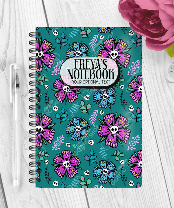 personalised summer skull flowers on green notebook journal