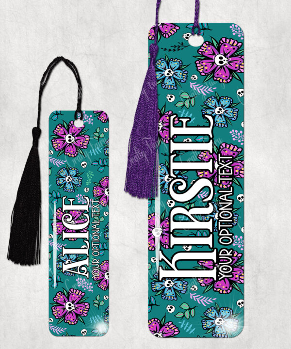 personalised summer skull flowers on green metal bookmark thank you gift