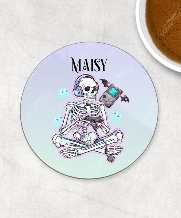 personalised gamer ghoul skeleton gaming gothic 9cm round glossy coaster