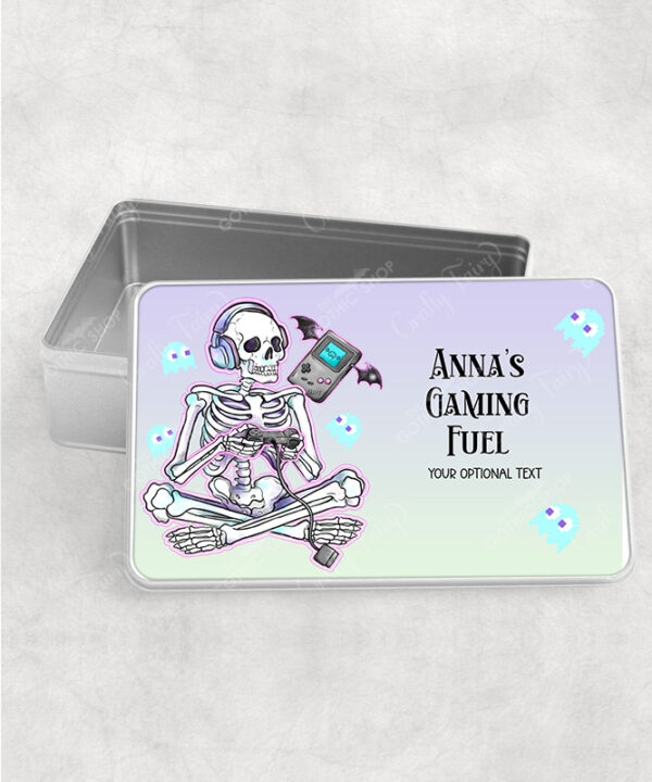 personalised gamer ghoul skeleton gaming gothic rectangular tin gift
