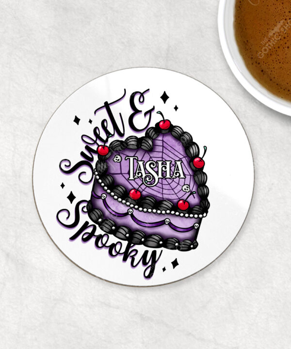 personalised sweet spooky heart goth cake gothic 9cm round glossy coaster