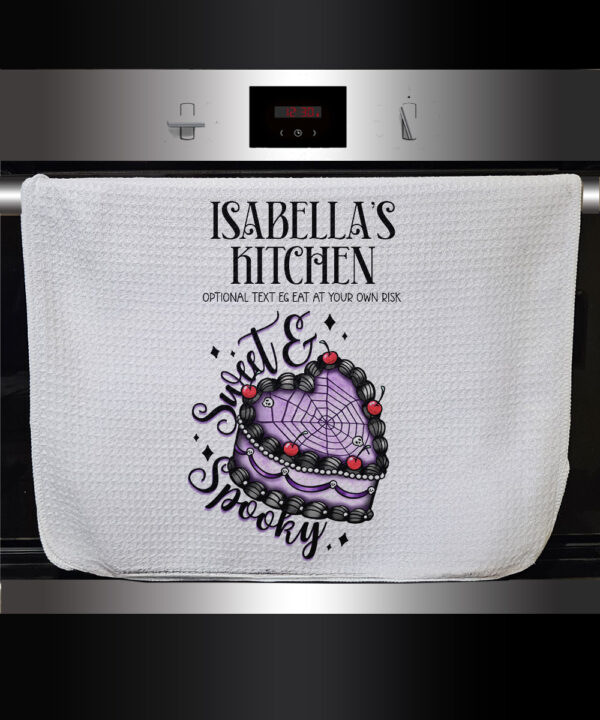 personalised sweet spooky heart goth cake kitchen tea towel gift