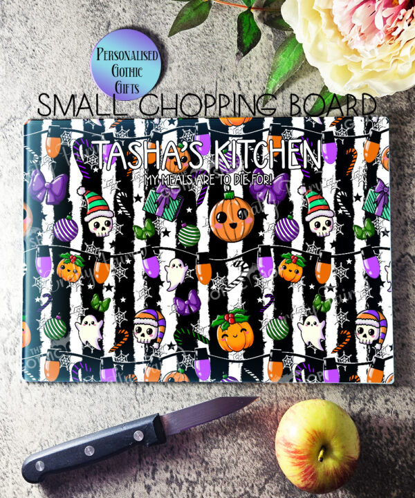 personalised frightening festivities christmas spooky gothic glass chopping board or worktop protector gift