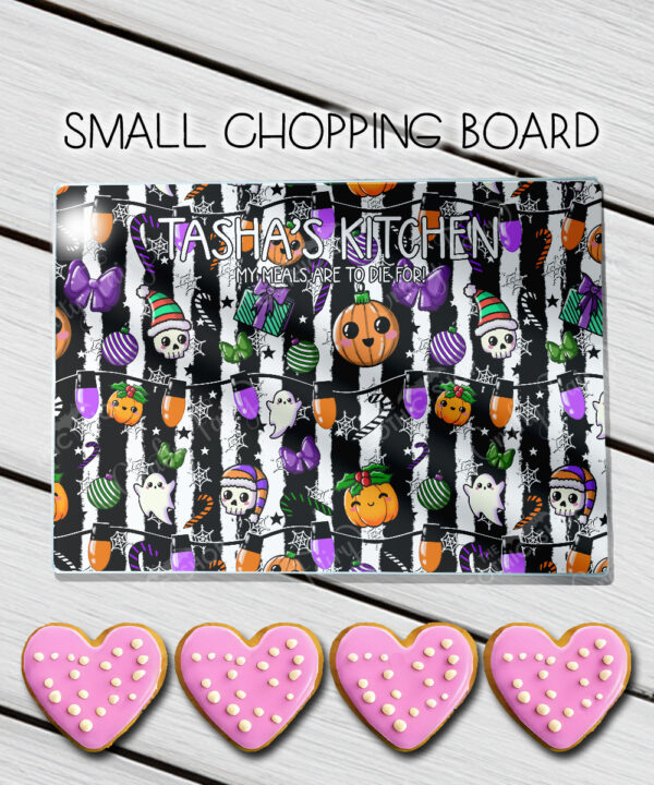 personalised frightening festivities christmas spooky gothic glass chopping board or worktop protector gift