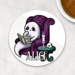 personalised haunted library ghostie readers gothic 9cm round glossy coaster