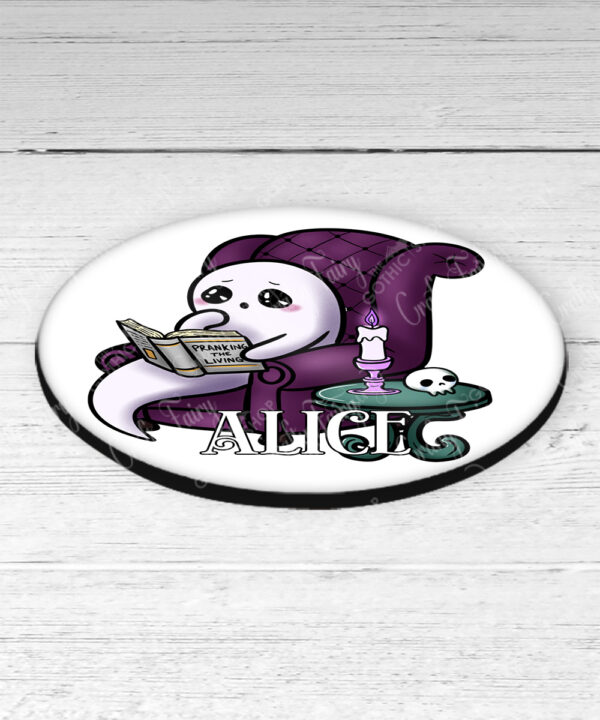 personalised haunted library ghostie readers gothic 9cm round glossy coaster