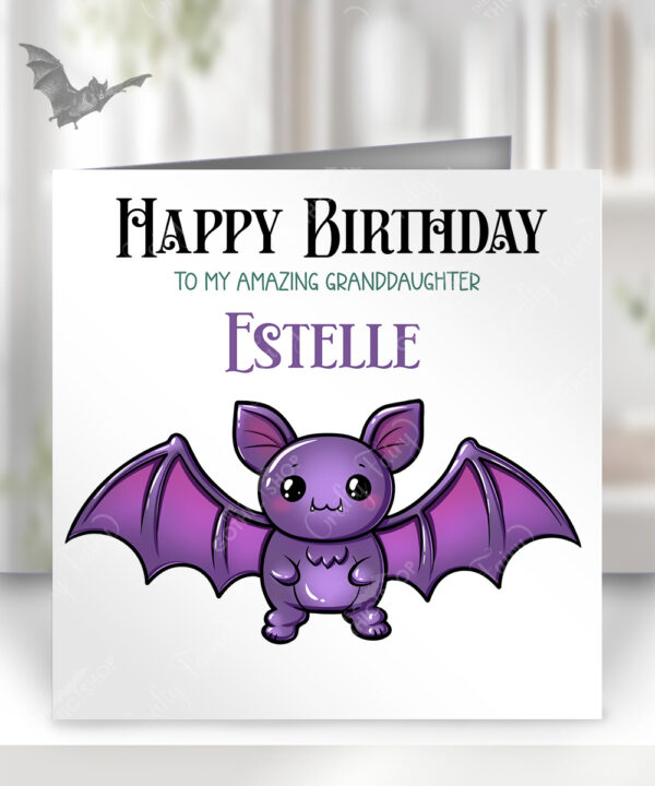 personalised kawaii purple bat gothic birthday card