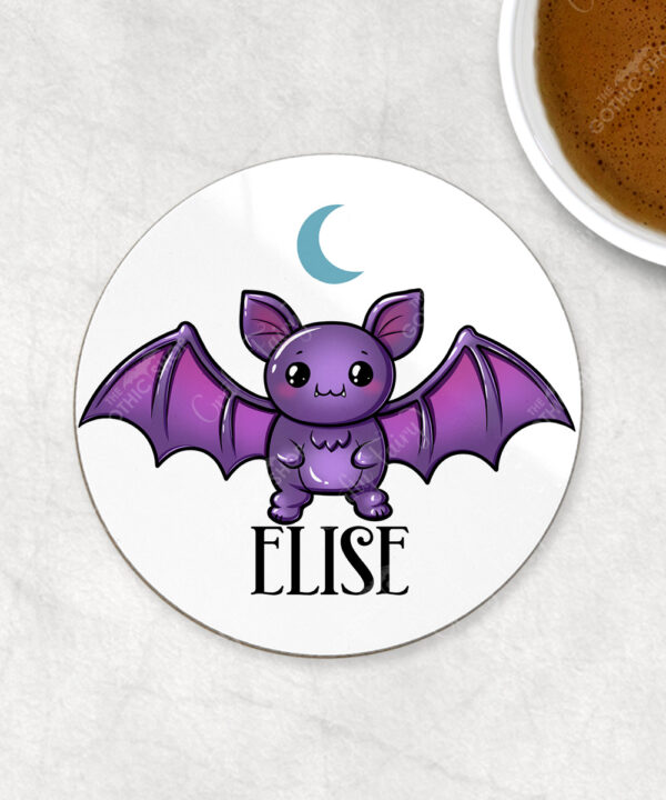 personalised kawaii purple bat gothic 9cm round glossy coaster