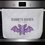 personalised kawaii purple bat gothic kitchen tea towel gift