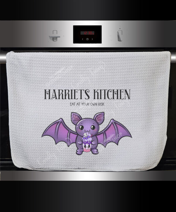 personalised kawaii purple bat gothic kitchen tea towel gift