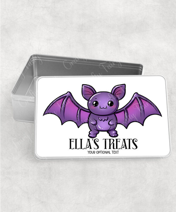 personalised kawaii purple bat gothic rectangular tin gift