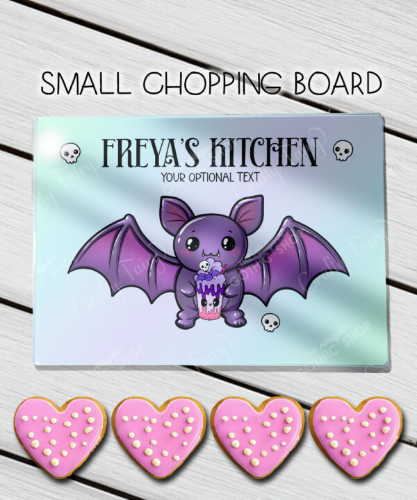 personalised kawaii purple bat gothic glass chopping board or worktop protector gift
