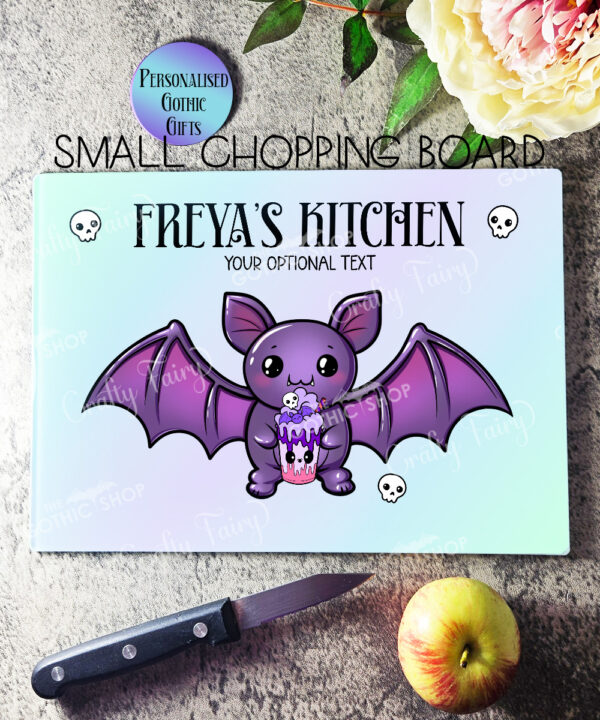 personalised kawaii purple bat gothic glass chopping board or worktop protector gift