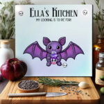 personalised kawaii purple bat gothic glass chopping board or worktop protector gift