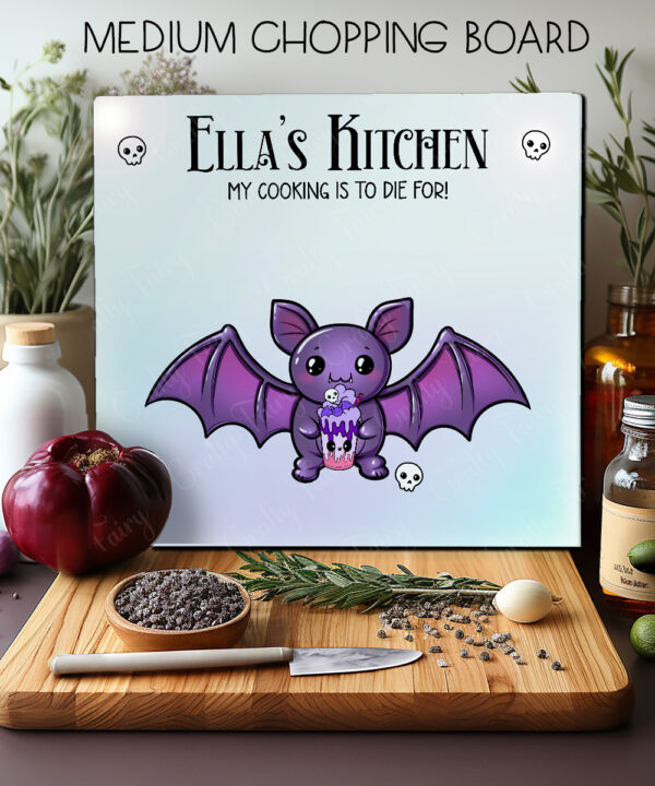 personalised kawaii purple bat gothic glass chopping board or worktop protector gift