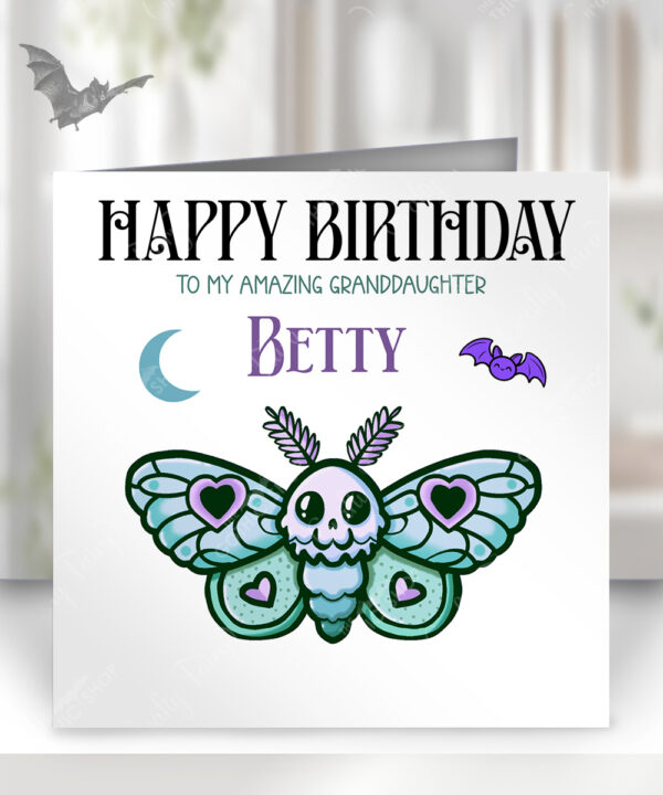 personalised cute kawaii death moth gothic birthday card
