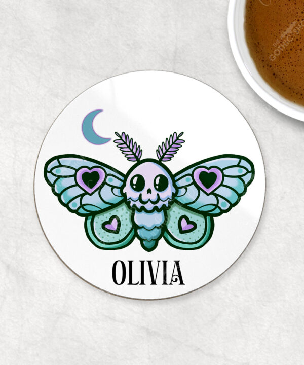 personalised cute kawaii death moth gothic 9cm round glossy coaster