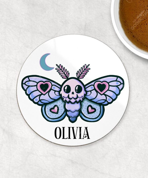 personalised cute kawaii death moth gothic 9cm round glossy coaster