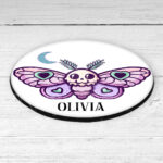 personalised cute kawaii death moth gothic 9cm round glossy coaster