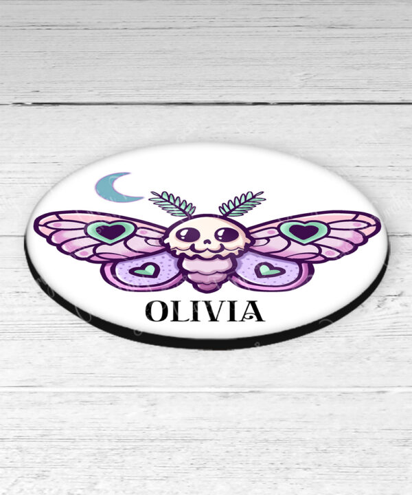 personalised cute kawaii death moth gothic 9cm round glossy coaster
