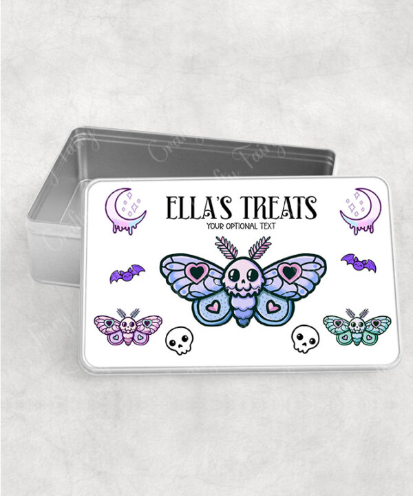 personalised cute kawaii death moth gothic rectangular tin gift